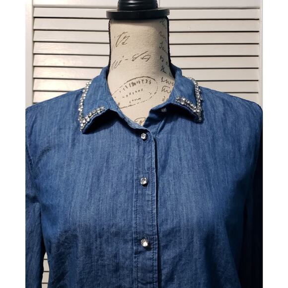 Talbots Button-up Denim Shirt Women's PL Blue Rhinestone Embellished Long Sleeve - Picture 2 of 8